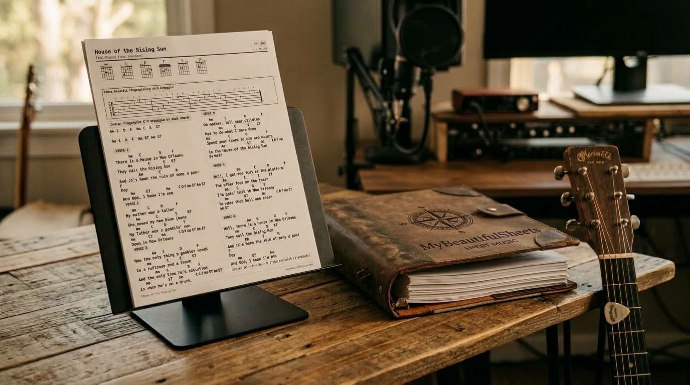 MyBeautifulSheets printed 'House of the Rising Sun' chord sheet on a music stand next to an artsy songbook binder